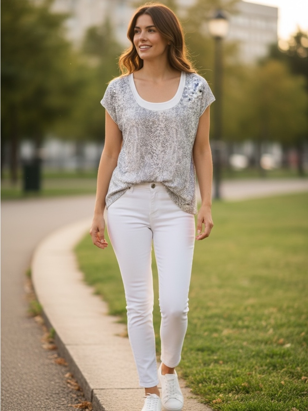 White House Black Market White and Gray Scoop Neck Short Sleeve Top